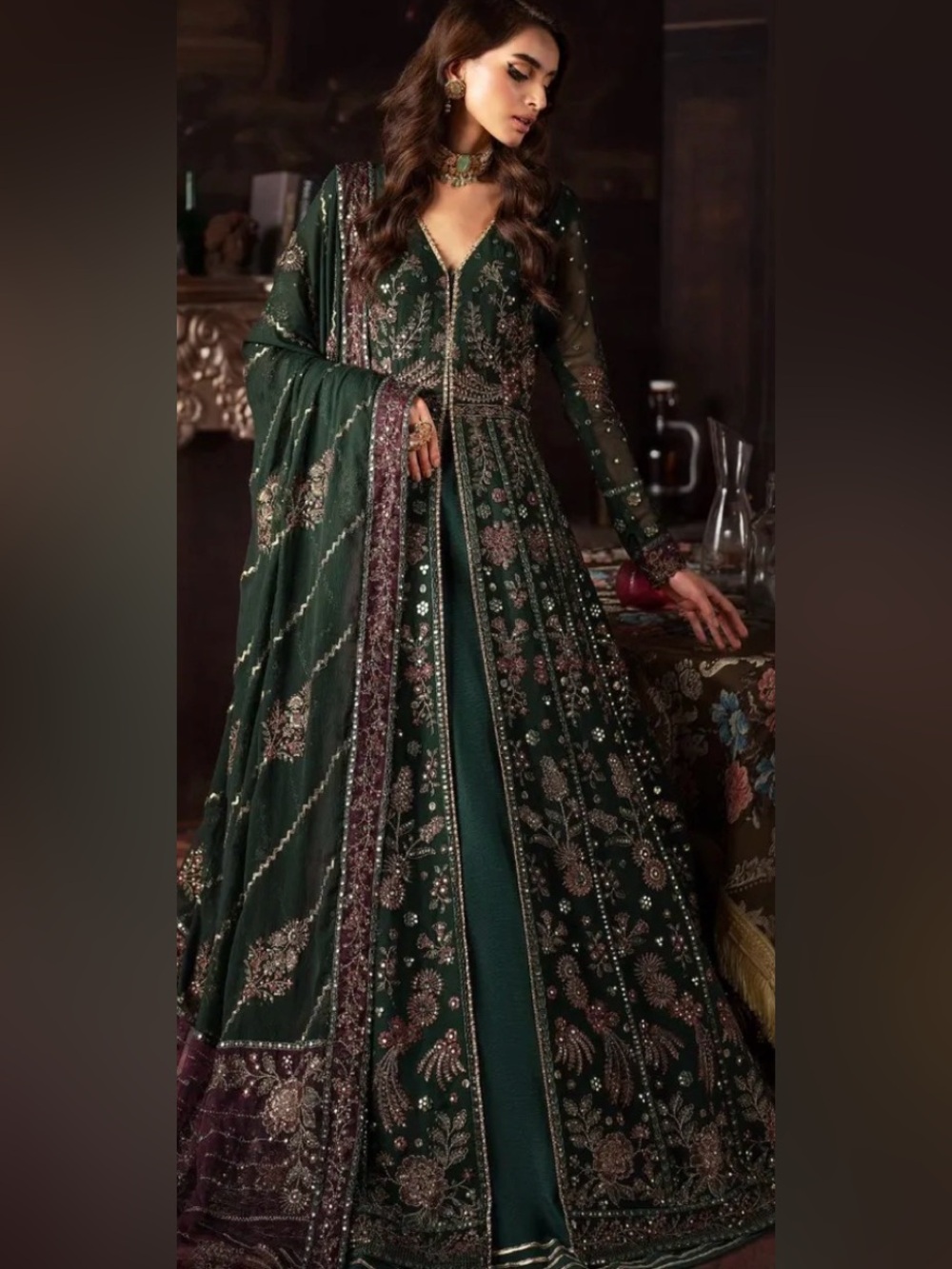 Embellished Deep Green Women's Anarkali Dress asim jofa orginal medium